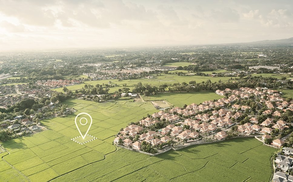 Land plot in aerial view. Identify registration symbol of vacant